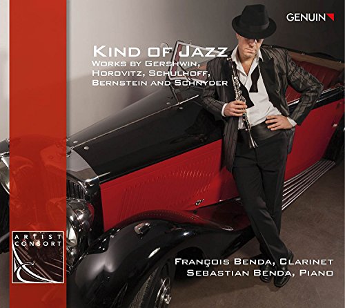 "CD cover featuring a man in a hat holding a clarinet beside a red vintage car."