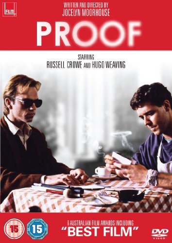 DVD cover for "Proof" featuring two men at a table with coffee.