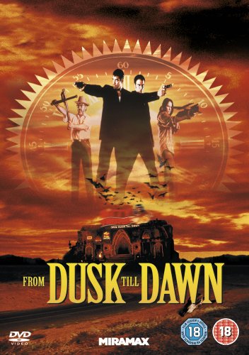 "DVD cover for 'From Dusk Till Dawn' with three armed figures and a building."