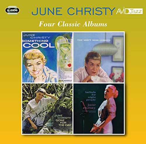 "CD cover with four album images of June Christy on a yellow background."