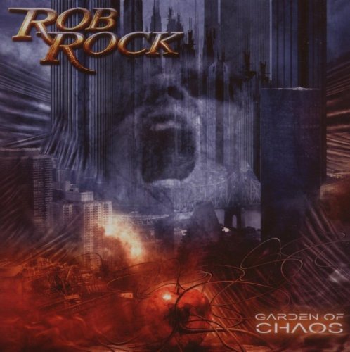 "Album cover with a gorilla and cityscape, titled 'Rob Rock - Garden of Chaos'."