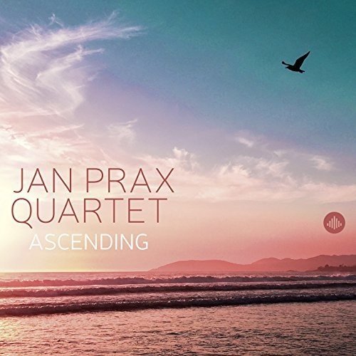 "Album cover with serene beach scene, text 'Jan Prax Quartet Ascending', and sound wave logo."