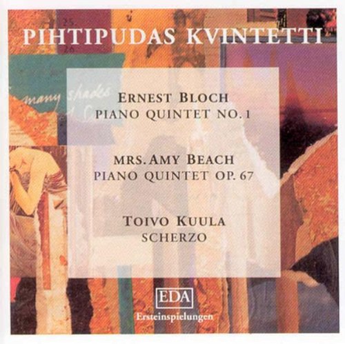 "CD cover with abstract background, white text, and transparent text box listing musical compositions."