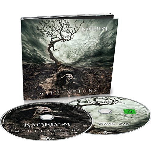 The image shows a DVD case cover for "Meditations" by Kataklysm. Alt text: Dark album cover with twisted tree and ominous cloudy sky.