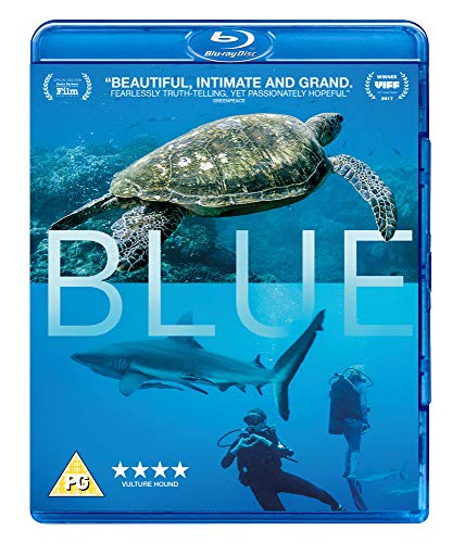 Blu-ray cover for "Blue" featuring a sea turtle, a shark, and a diver.