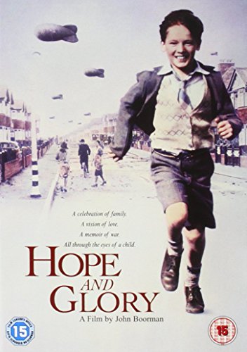 DVD cover for "Hope and Glory" featuring a boy running down a street with bombs falling.