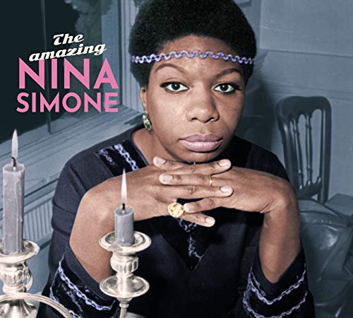 Portrait of Nina Simone, a Black woman with a serious expression.