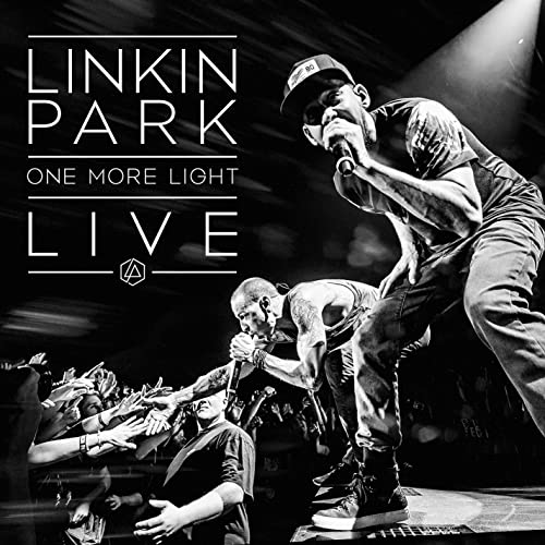 Black and white album cover of Linkin Park performing live on stage.