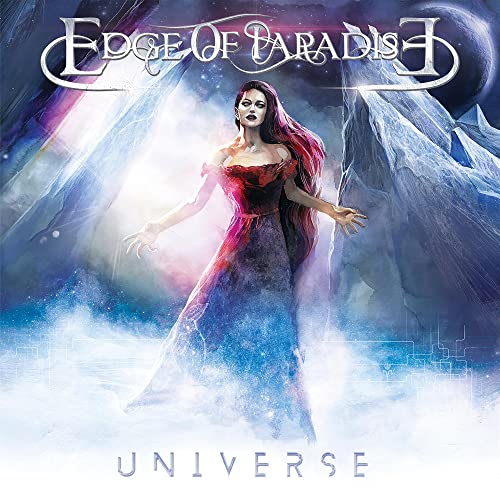 CD cover: woman in red dress amidst a cosmic, icy landscape.