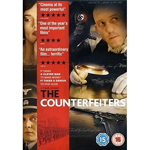 DVD cover for "The Counterfeiters" featuring faces and wartime imagery.