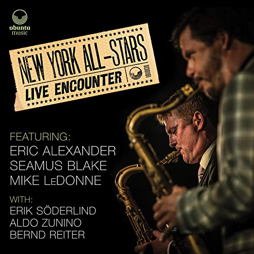 "CD cover with two men playing saxophones, featuring 'New York All-Stars Live Encounter'."