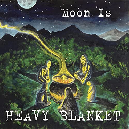 Painted album cover with figures around a campfire under a moonlit sky.