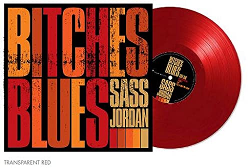 Red vinyl record with album cover for Sass Jordan’s “Bitches Blues.”
