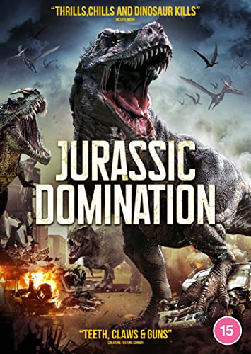 DVD cover featuring a large T-Rex and other dinosaurs amidst destruction and chaos.