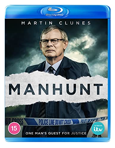 Blu-ray cover for "Manhunt" featuring Martin Clunes and police tape.