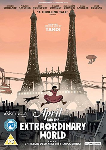 “April and the Extraordinary World” DVD cover featuring Paris and a leaping girl.