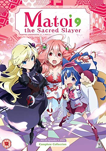 Three anime girls in costumes stand against a patterned pink and white background.