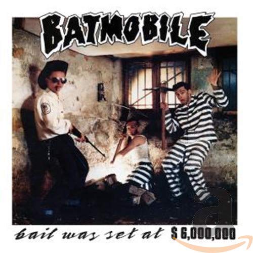CD cover: men in striped suits, one in sunglasses, with a Batmobile.