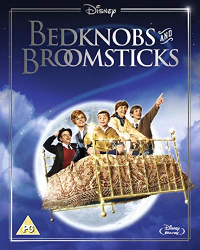 Bedknobs and Broomsticks" Blu-ray cover with characters on a flying bed.