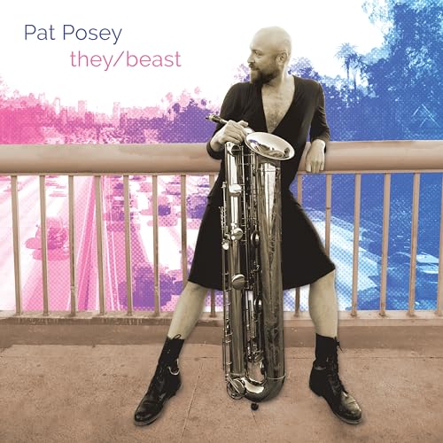 Pat Posey with a saxophone, standing on a bridge overlooking a city.