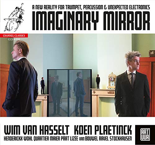 "Album cover with two men in suits and mirrored reflections, in a room."
