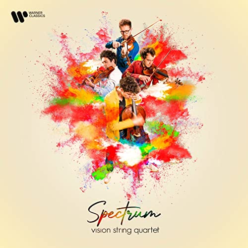 String quartet performing amidst a colorful, explosive paint splatter effect.