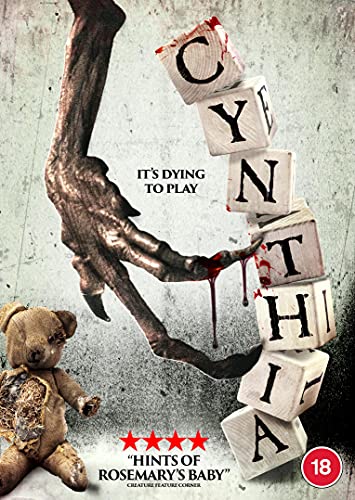 DVD cover for horror film "Cynthia" featuring a clawed hand and building blocks.