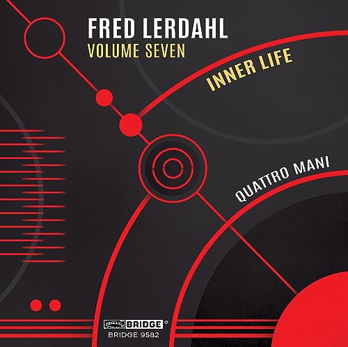 CD cover for "Quattro Mani - Music of Fred Lerdahl, Vol. 7" with red geometric design.