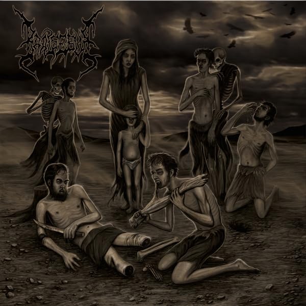 Dark album cover depicting emaciated figures in a desolate landscape.