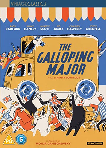 DVD cover for "The Galloping Major" featuring cartoon figures and a yellow bus.