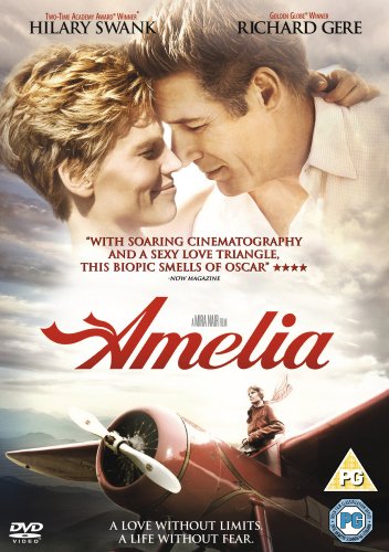DVD cover for "Amelia" featuring Hilary Swank, Richard Gere, and an airplane.