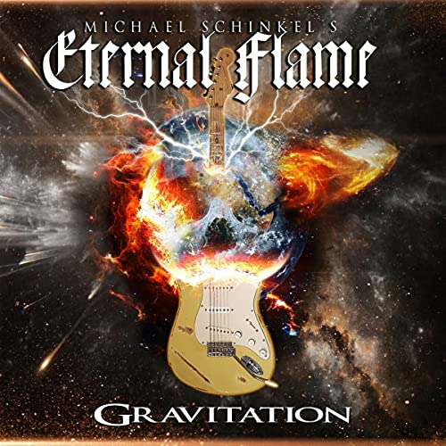 CD cover with electric guitar engulfed in flames and cosmic imagery.