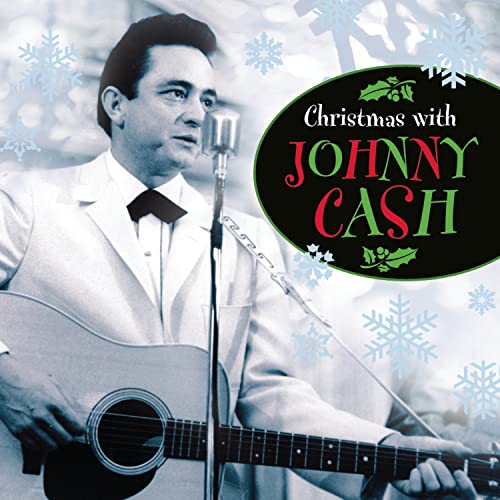 Johnny Cash portrait with guitar, snowflakes, and holiday text overlay.
