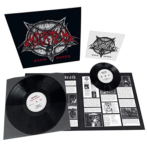Black vinyl record, album cover with pentagram and band name "Mortem".