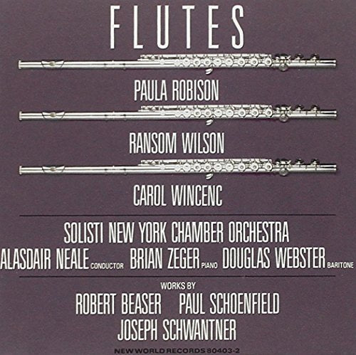 The image is a CD cover featuring three flutes on a purple background.