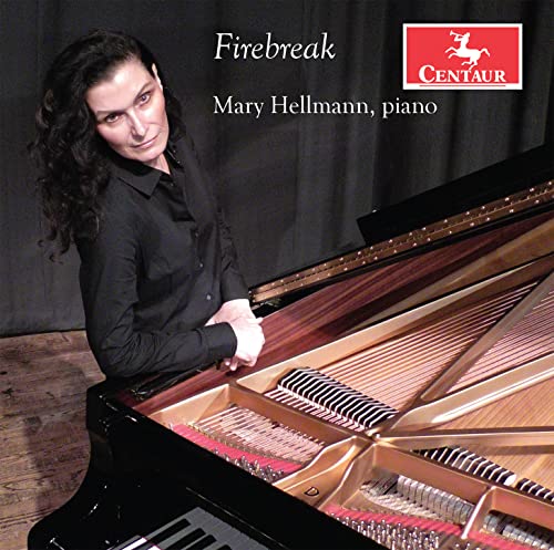 CD cover: pianist Mary Hellmann at a grand piano, "Firebreak.