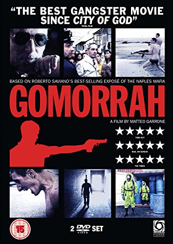 Gomorrah" DVD cover with collage of gritty scenes and a red silhouette.