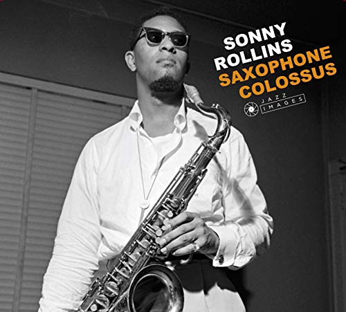 Black and white portrait of Sonny Rollins wearing sunglasses and holding a saxophone.