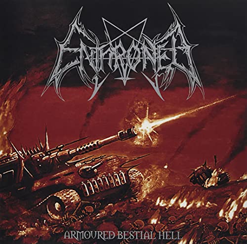 Dark album cover with band logo, tank, and fiery, skull-filled landscape.