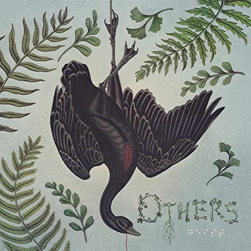 Hanging black bird illustration surrounded by green botanical foliage.