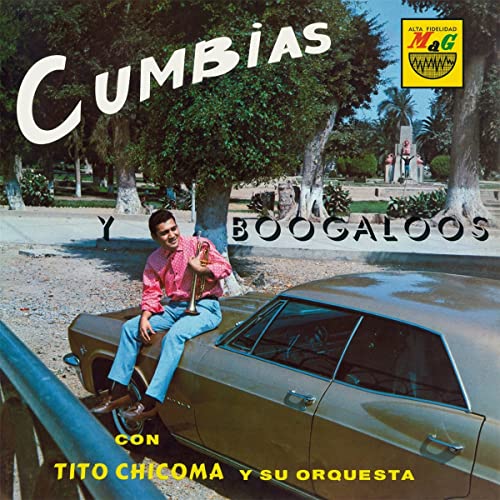 Vinyl record cover: man with trumpet, classic car, and palm trees.