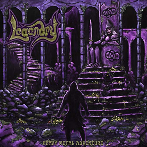 Fantasy album cover with a hooded figure facing a stone throne.
