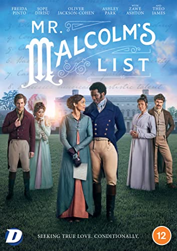 Mr. Malcolm's List" DVD cover featuring six actors in Regency-era clothing.