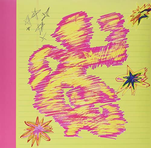 Pink and yellow abstract crayon drawing on lined yellow paper.