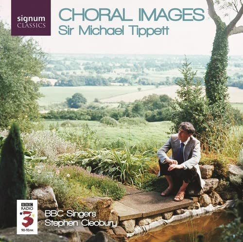 CD cover: portrait of composer Michael Tippett in a garden landscape.