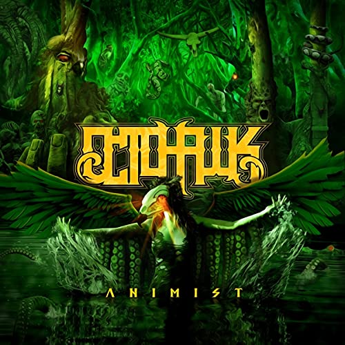 Album cover for "Animist" by Octohawk, featuring a winged figure in a forest.