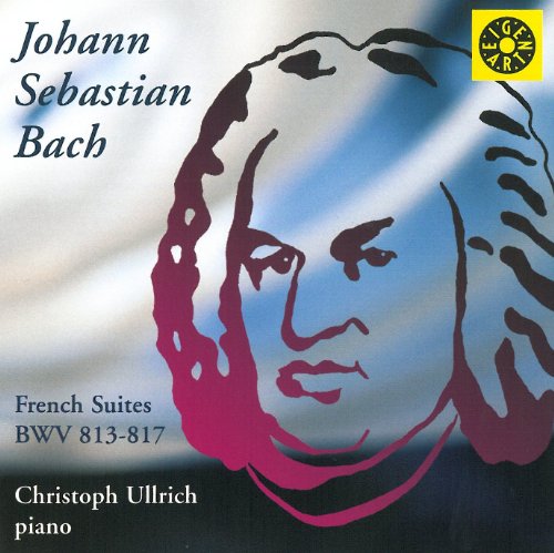 "CD cover featuring stylized portrait of Johann Sebastian Bach in blue and red tones."