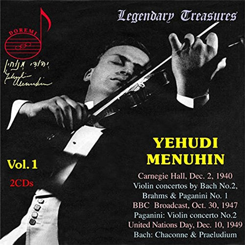 Black-and-white image of violinist Yehudi Menuhin on a CD cover with text overlays.