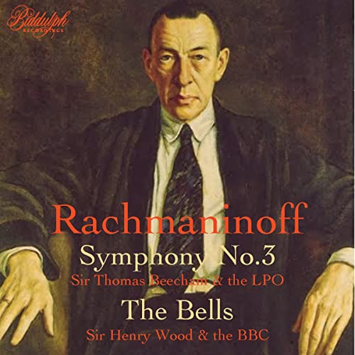 Portrait of Sir Thomas Beecham with text: Rachmaninoff Symphony No. 3/The Bells.
