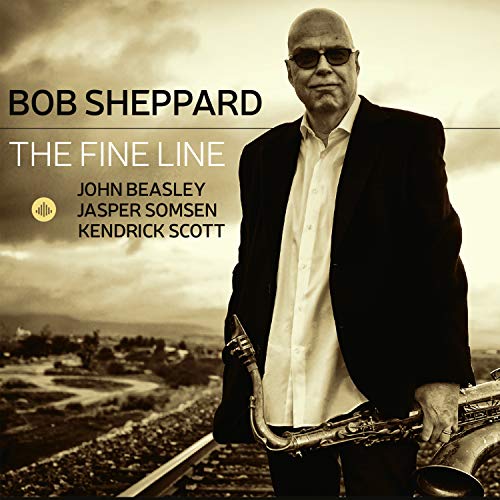 Album cover featuring a man holding a saxophone on train tracks.